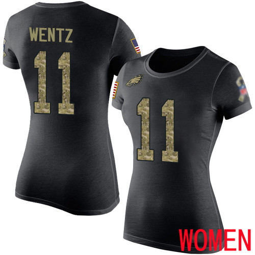 Women Philadelphia Eagles #11 Carson Wentz Black Camo Salute to Service NFL T Shirt